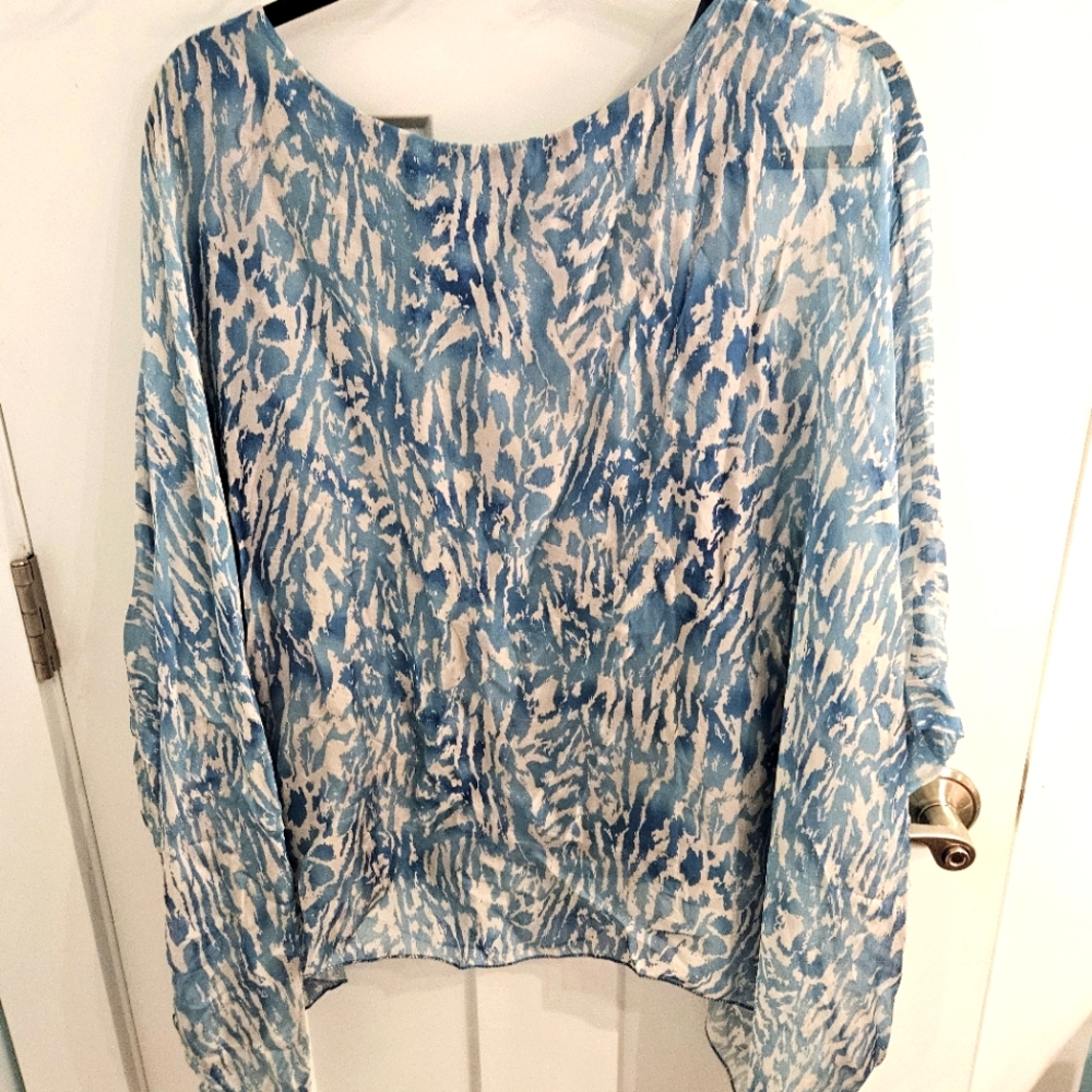 Ambra Made In Italy Silk Blouse-Tunic 3/4 Sleeve Blue Swirl